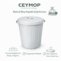 Ceymop Professional Kapaklı Çöp Kovası Battal Boy 50 Litre Gri